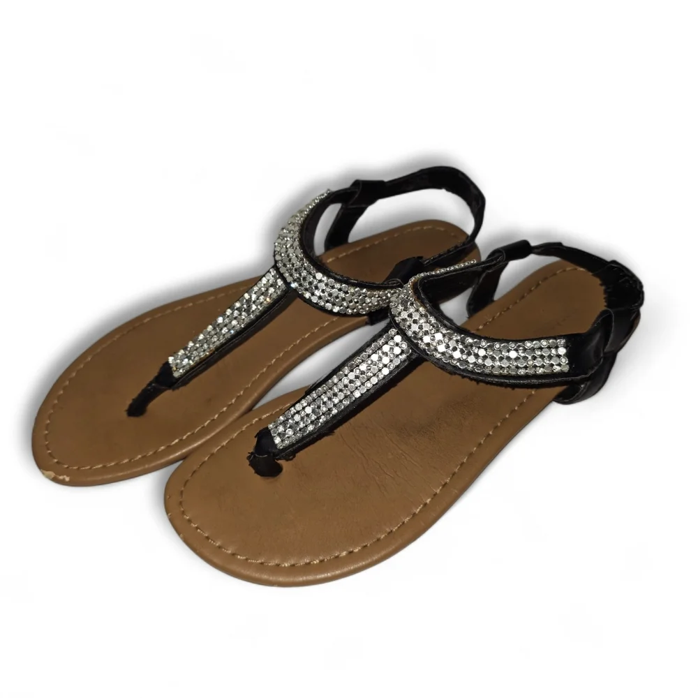 Montego Bay Club Black Rhinestone T-Strap‎ Sandals Size 6.5